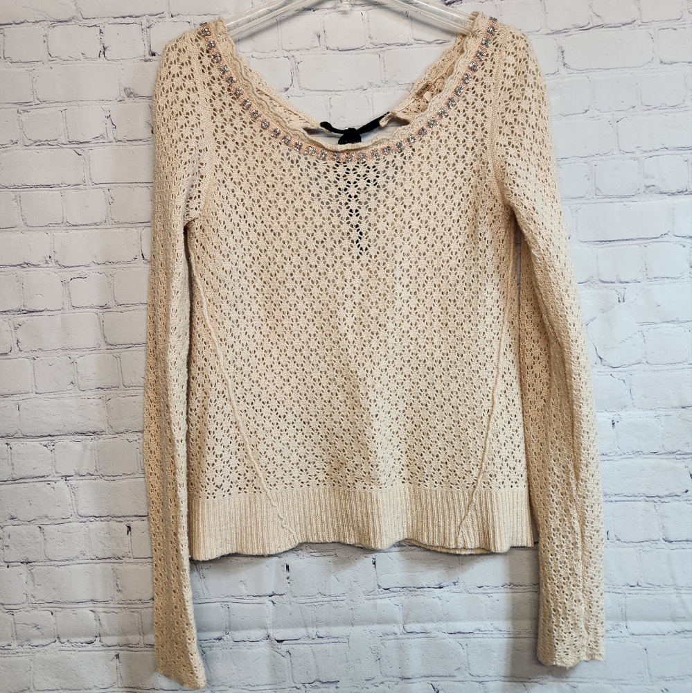 Free People/ Cream Beaded Crochet Sweater